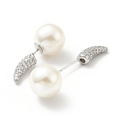 Clear Cubic Zirconia Horn with Acrylic Pearl Front Back Stud Earrings EJEW-G295-02B-P-1