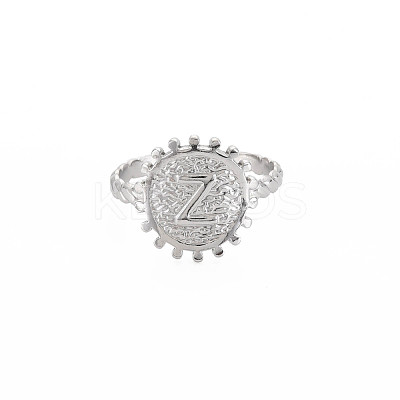 Non-Tarnish 304 Stainless Steel Flat Round with Initial Letter Open Cuff Ring for Men Women RJEW-S405-246P-Z-1
