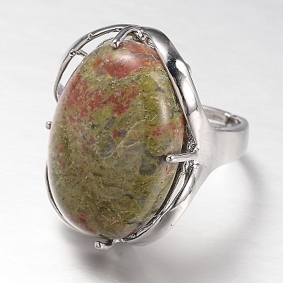 Adjustable Oval Brass Natural Unakite Wide Band Rings RJEW-L062-03I-1