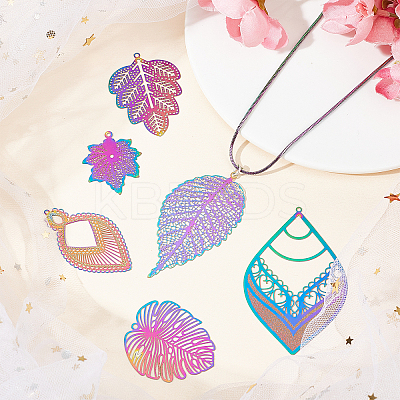 24Pcs 12 Style Ion Plating(IP) 201 Stainless Steel Filigree Big Pendants STAS-DC0005-75-1
