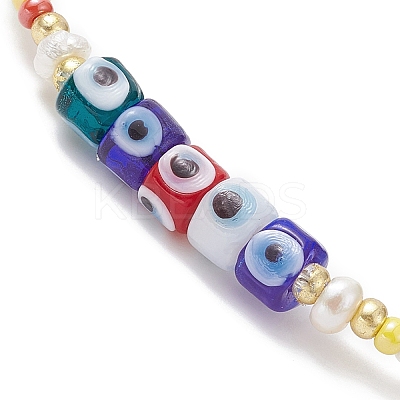Natural Pearl & Evil Eye Lampwork & Seed Beaded Stretch Bracelet for Women BJEW-JB09371-1