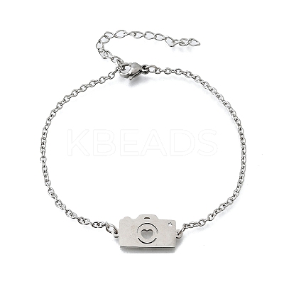 201 Stainless Steel Camera with Heart Link Bracelets BJEW-B128-04P-1