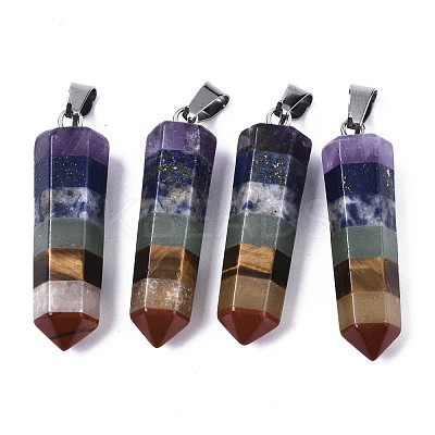 Assembled Natural Topaz Jade & Red Jasper & Red Agate & Lapis Lazuli & Quartz Crystal & Green Aventurine & Amethyst Pointed Pendants G-N0327-001A-01-1