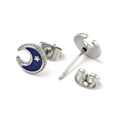 Enamel Crescent Moon with Star Stud Earrings with 316 Surgical Stainless Steel Pins EJEW-A081-09P-1