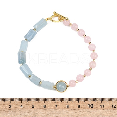 Natural Aquamarine & Natural Rose Quartz & Brass Round & Prism Beaded Bracelets for Women BJEW-G752-01G-01-1