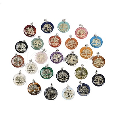 Natural & Synthetic Mixed Gemstone Flat Round Pendants G-Q188-01P-1
