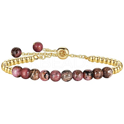 Natural Rhodonite 304 Stainless Steel Round Beaded Adjustable Slider Bracelets for Men Women AW1156-9-1