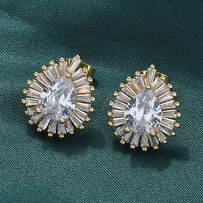Brass Micro Pave Clear Cubic Zirconia Stud Earrings EJEW-C139-03G-1