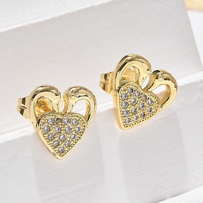 Valentine's Day Heart Brass Micro Pave Clear Cubic Zirconia Stud Earrings EJEW-D305-22G-04-1
