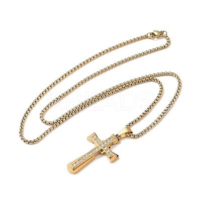 201 Stainless Steel Crystal Rhinestone Religion Cross Pendant Necklaces NJEW-H065-08G-1