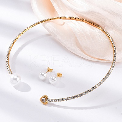 Round Plastic Imitation Pearl Stud Earrings & Heart Cubic Zirconia Rhinestone Cuff Choker Necklaces Sets SJEW-U003-08G-1
