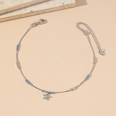 Brass Pave Clear Cubic Zirconia Flower Charm 304 Stainless Steel and Glass Chain Anklets for Women FS-WG0557A-01-1