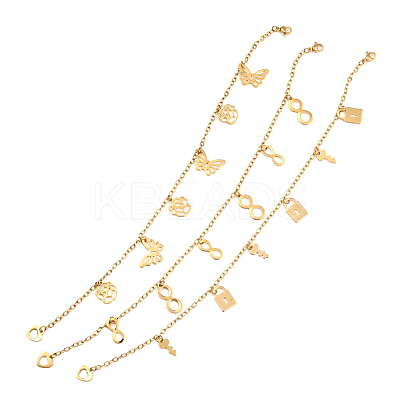 304 Stainless Steel Charm Anklets AJEW-F035-02G-1