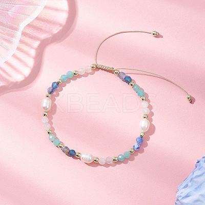Natural Amethyst & Rainbow Moonstone & Amazonite & Cultured Freshwater Pearl Beads Braided Bead Bracelets for Women BJEW-JB12666-02-1