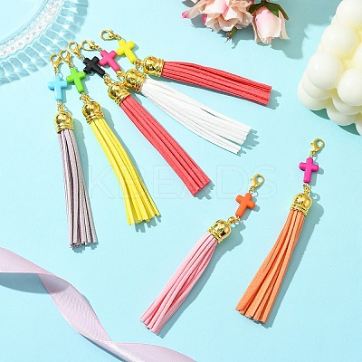 Cross Acrylic & Faux Suede Tassel Pendant Decorations HJEW-YW00078-01-1