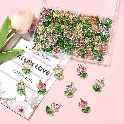 70Pcs 2 Styles 7 Colors Flower Brass Glass Pendants PALLOY-FS00057-1