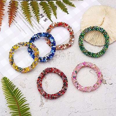 6Pcs 6 Colors Glass Beaded Crochet Stretch Bracelets Set BJEW-SZ0002-47-1