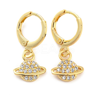 Planet Shape Rack Plating Brass Micro Pave Cubic Zirconia Dangle Leverback Earrings EJEW-P240-06G-1