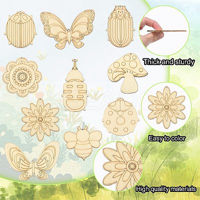 60Pcs 10 Style Spring theme Butterfly/Ladybird/Flower Unfinished Wood Pieces DIY-CJC0012-01-1