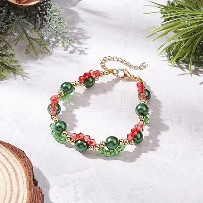 3Pcs 3 Colors Christmas Glass & Baking Paint Pearlized Glass Pearl Round Beaded Bracelets for Women BJEW-JB12441-1