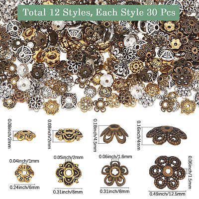 360Pcs 12 Styles Tibetan Style Alloy Bead Caps TIBE-SC0002-34-1