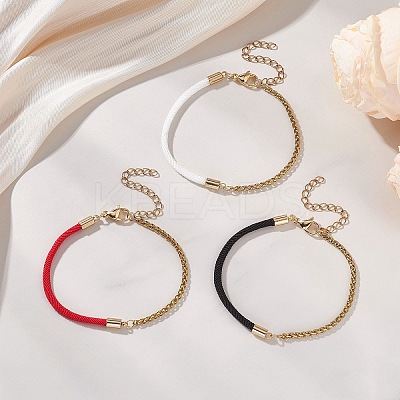 3Pcs 3 Colors 304 Stainless Steel Wheat Chains with Nylon Cord Mixed Chain Bracelet Sets BJEW-JB13288-1