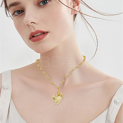 Brass Micro Pave Clear Cubic Zirconia Sun Heart Pendant Link Chain Necklaces NJEW-HS00021-1