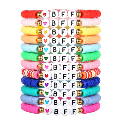 12Pcs Alloy & Polymer Clay & Resin Beaded Stretch Bracelets Set for Frinedship FS-WG9EC10-01-1