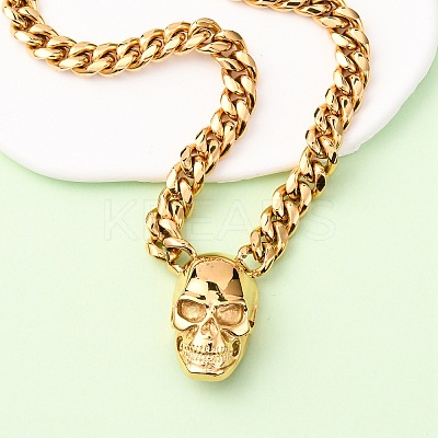 304 Stainless Steel Skull Pendant Cuban Link Chain Necklaces NJEW-C099-06G-1