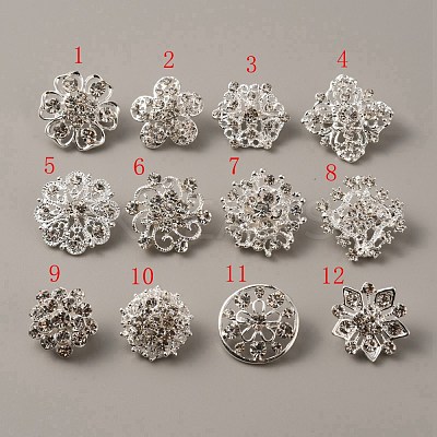 12Pcs 12 Style Rhinestone Flower Safety Pin Brooch JEWB-WH0029-25S-1