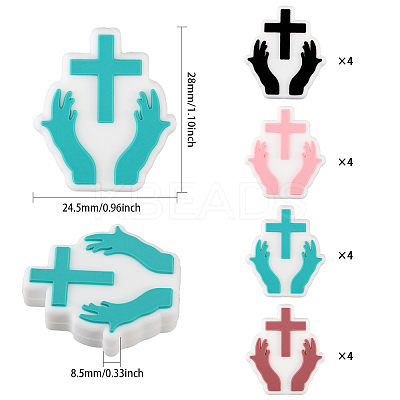 16Pcs 4 Colors Hand with Cross Silicone Beads SIL-GL0001-07-1