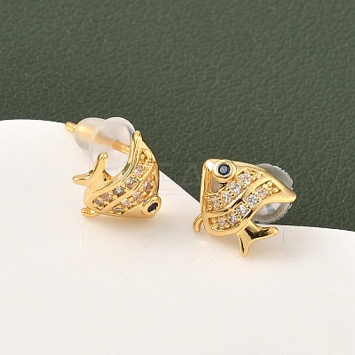 Brass Micro Pave Cubic Zirconia Fish Stud Earrings EJEW-D337-01G-1