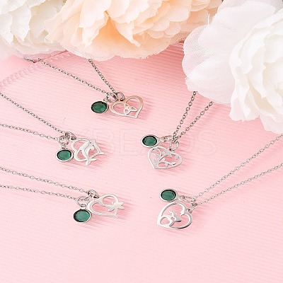 Valentine's Day 304 Stainless Steel & Green Glass Heart Pendant Cable Chain Necklaces for Women NJEW-FS00014-04-1