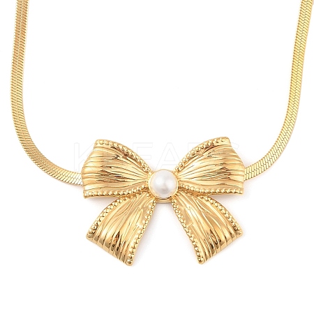 304 Stainless Steel Shell Pearl Flat Snake Chain Bowknot Pendant Necklaces NJEW-Z046-04G-1