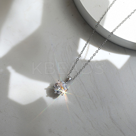 925 Sterling Silver Pave Clear Cubic Zirconia Flat Round Pendant Necklaces NJEW-G172-04P-1