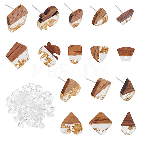 8 Pairs 8 Style Transparent Resin & Walnut Wood Stud Earring RESI-FH0001-43-1