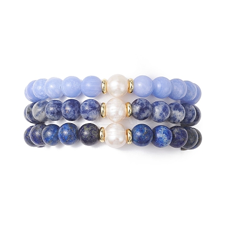 3Pcs Round Natural Blue Spot Jasper & Dyed Blue Lace Agate & Lapis Lazuli & Pearl Beaded Stackable Stretch Bracelets Sets BJEW-JB12992-1