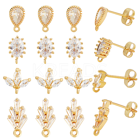 16Pcs 4 Styles Brass Cubic Zirconia Stud Earring Findings KK-DR0001-23-1