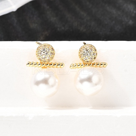 Round Brass Micro Pave Clear Cubic Zirconia Stud Earrings EJEW-A135-25G-1