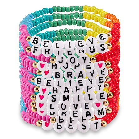 12Pcs Inspiration Word Glass Seed Stretch Bracelets Set with Heart BJEW-SZ0001-20-1