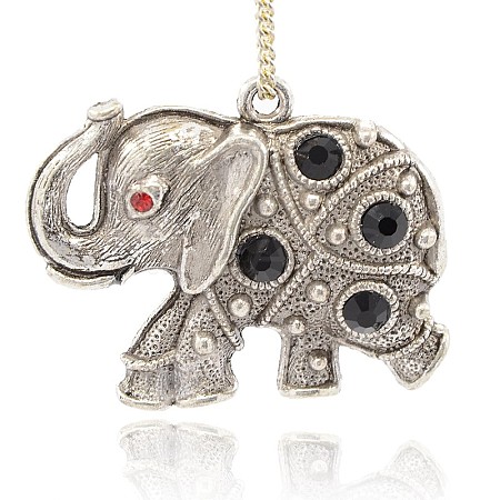 Antique Silver Alloy Rhinestone Elephant Pendants PALLOY-J204-02AS-1