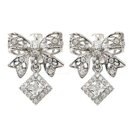 Bowknot & Rhombus Brass Micro Pave Clear Cubic Zirconia European Beads KK-V008-35P-1