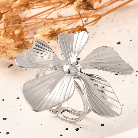 Flower 304 Stainless Steel Open Cuff Ring for Women RJEW-R006-03P-01-1