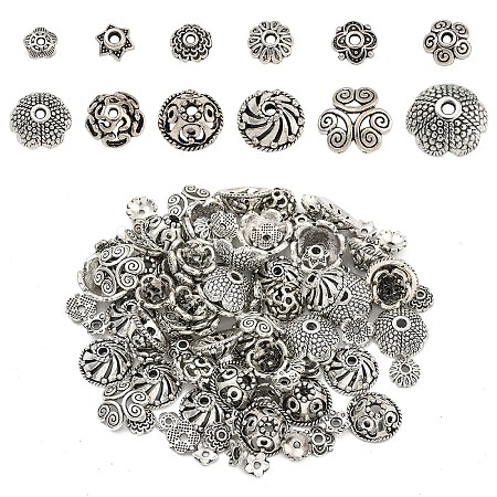 120Pcs 12 Styles Tibetan Style Alloy Bead Caps TIBE-YW0001-61-1