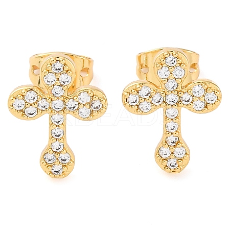 Rack Plating Cross Brass Pave Clear Cubic Zirconia Stud Earrings EJEW-S245-01G-C-1