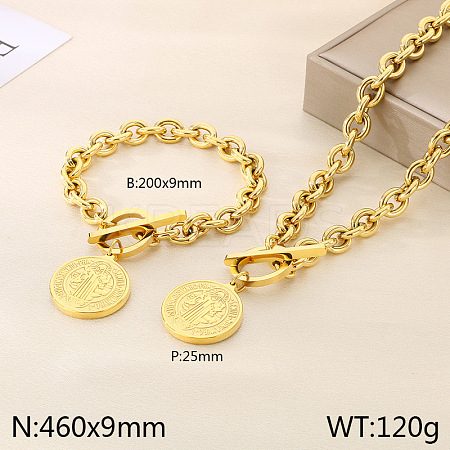 Flat Round with Saint Benedict 304 Stainless Steel Pendant Necklaces & Charm Bracelets Sets FS-WG2A73C-08-1