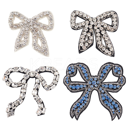 4Pcs 4 Styles Bowknot Glass Rhinestone Beading Flower Applqiues PATC-GO0001-11-1