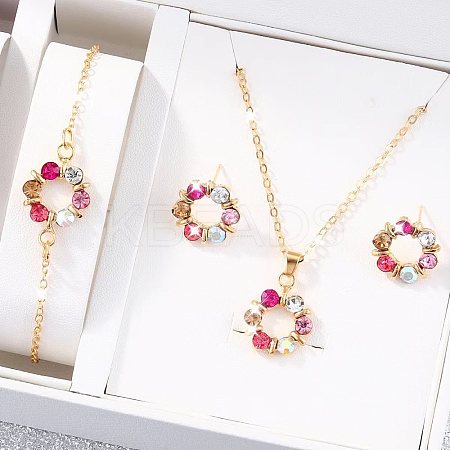 Ring Alloy Rhinestone Pendant Necklaces & Braceleta & Stud Earrings Sets WG4EA96-03-1