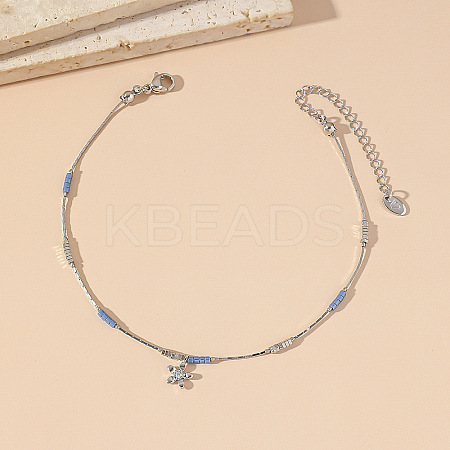 Brass Pave Clear Cubic Zirconia Flower Charm 304 Stainless Steel and Glass Chain Anklets for Women FS-WG0557A-01-1