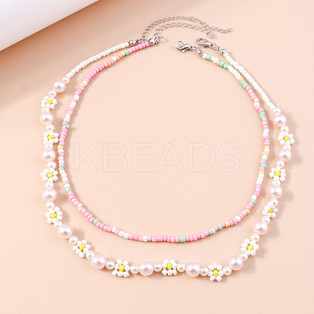 2Pcs Flower Glass Seed Beaded with Plastic Pearl Beaded Necklace Sets for Women FS-WGE85A7-21-1